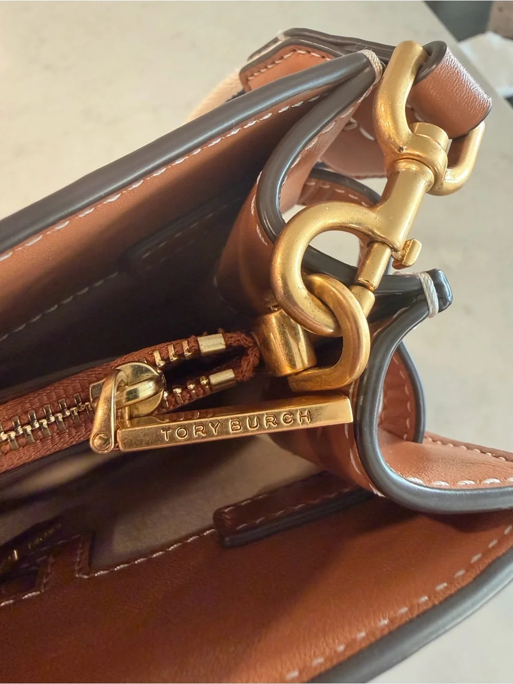 Tory Burch Neutral Canvas Tote with Tan Leather Trim and Striped Strap